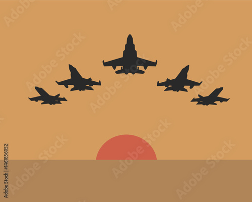 Vector illustration of four jet fighters flying in a V-formation with a sunset backdrop in Retro vintage style. Ideal for military aviation projects, patriotic posters, or air show promotions