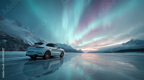 Premium White SUV Car On Ice Scenic Aurora Borealis Sky