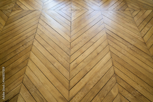 High-resolution image of a beautiful antique oak floor in hungarian point pattern, with a slight reflection of windows