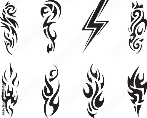 Collection of eight black and white tattoo designs vector illustration set