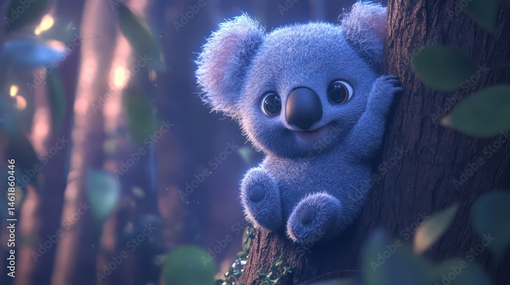 Cute koala sits on tree in a magical forest Cute koala sits on tree in a magical forest