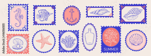 Set of sea, summer style postage stamps. Underwater creatures, starfish, sea  horse, coral, fish. Hand drawn style.