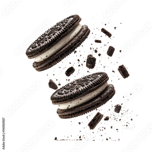 Flying Oreo Cookies with Crumbs Isolated on White Background