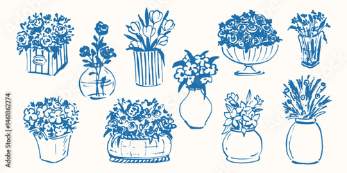 Set of hand drawn, sketch style flowers in vases, baskets. La dolce vita cute vector illustrations. Design for wedding card, birthday, anniversary, holiday greetings. Flower shop concept.