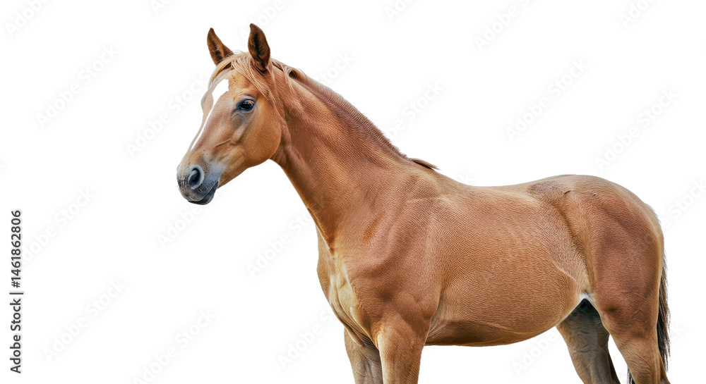 Fototapeta premium Young Grace Horse Soft Eyes Smooth Light Brown Coat Slender Frame Isolated White Equine Foal Elegant