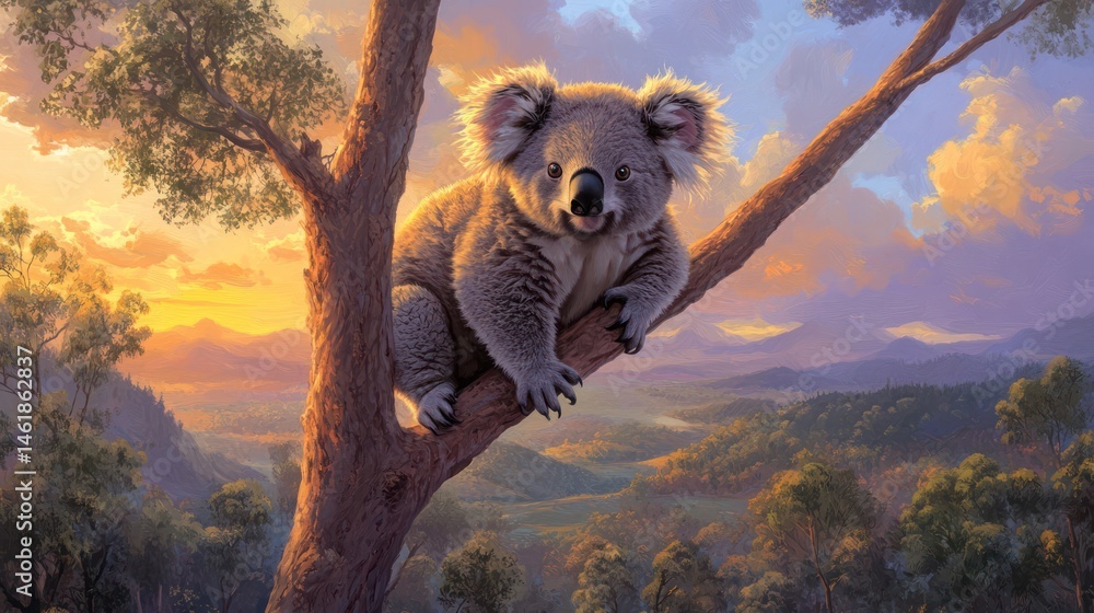 Happy Koala in Sunrise Forest