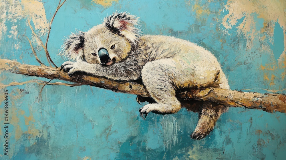 Sleepy Koala on Branch, Teal Background