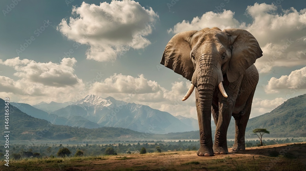 Fototapeta premium An elephant walking alone with a mountain view
