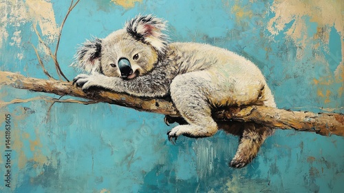 Obraz na płótnie Sleepy Koala on Branch, Teal Background w salonie