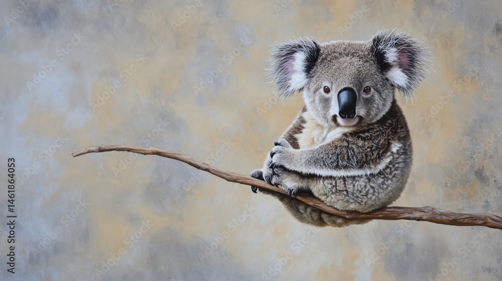 Australian Koala on Branch Against Beige Wall