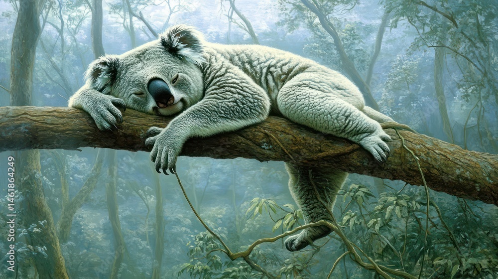 Sleepy Koala Napping on Branch in Rainforest