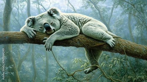 Obraz na płótnie Sleepy Koala Napping on Branch in Rainforest w salonie