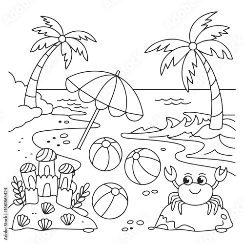 Coloring Page featuring a tropical beach with palm trees, beach balls, and a playful dolphin