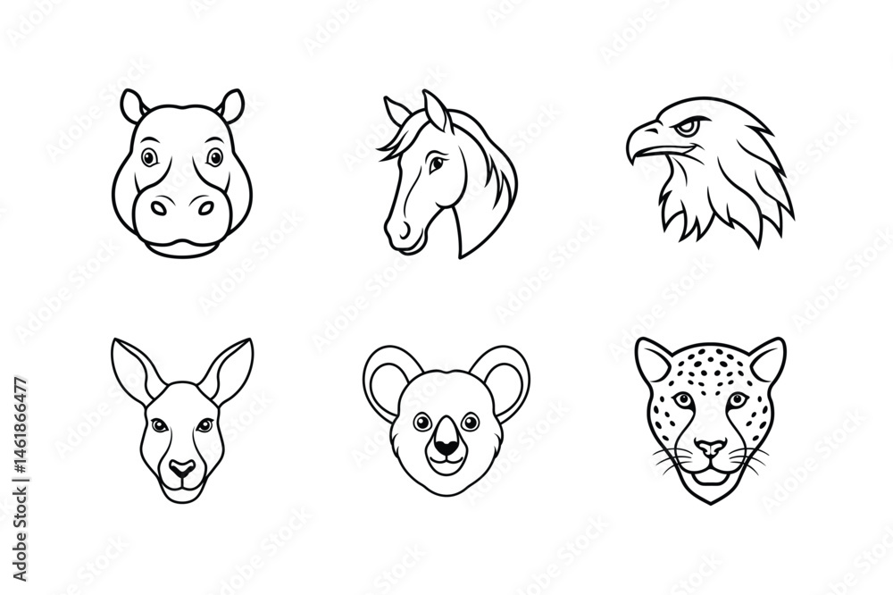 Obraz premium Illustrative black and white vector drawings of diverse animal heads on white background