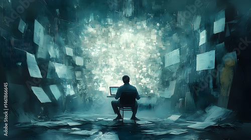 A person sits amidst a digital paperwork maze.