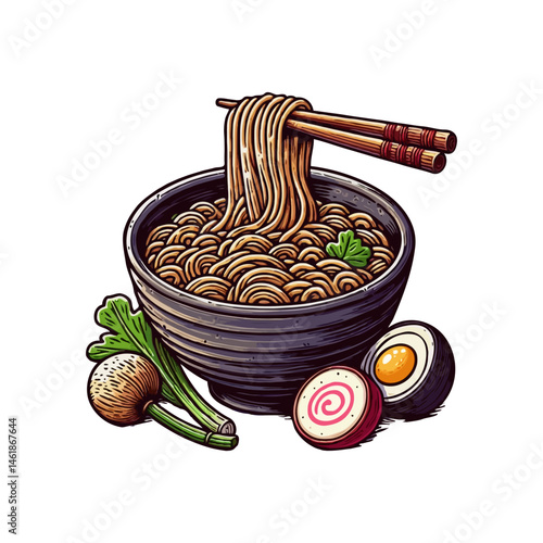 Hand-Drawn Japanese Noodle Bowl with Chopsticks