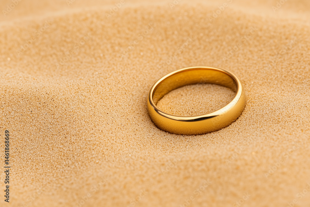Golden Wedding Ring Resting on Smooth Sand Surface in Elegant Focus Golden Wedding Ring Resting on Smooth Sand Surface in Elegant Focus