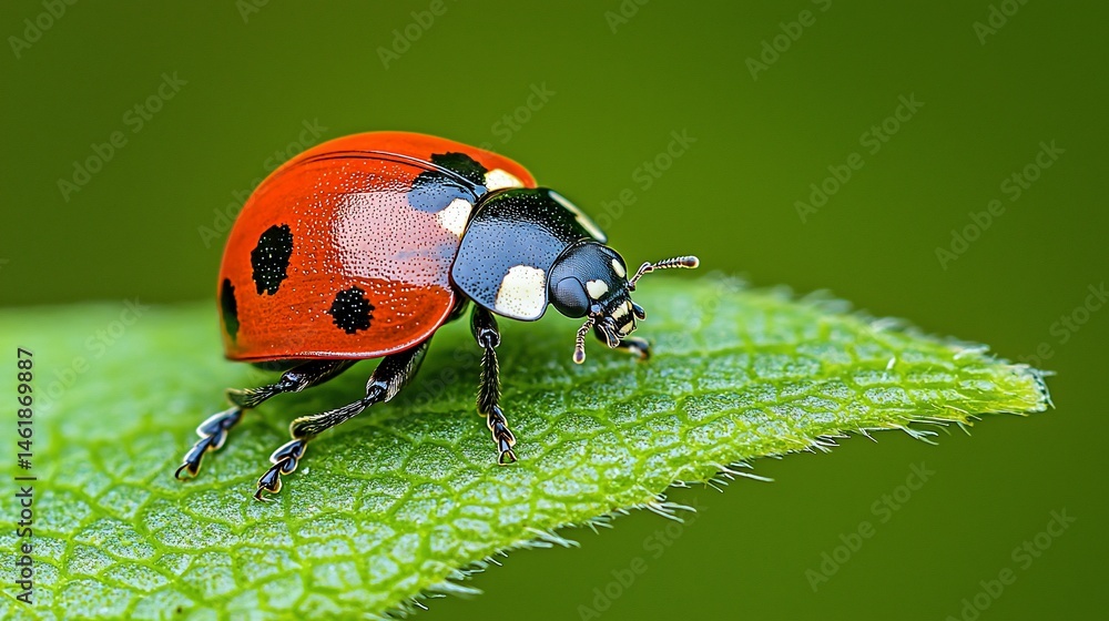 Naklejka premium Ladybug on a vibrant green leaf