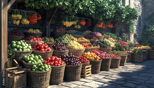 A rainbow of fresh produce arranged in rustic baskets at a busy openair market, lively colors, natural textures, highquality 3D illustration