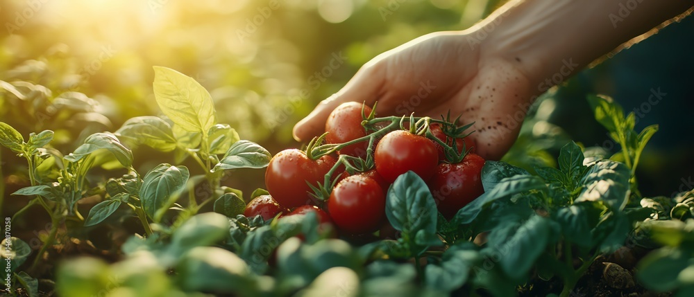Gently gathering tomatoes and basil in a rustic garden setting, concept of sustainable food journey, sunlit foliage, vivid natural tones