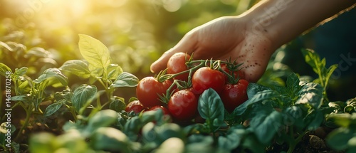 Obraz na płótnie Gently gathering tomatoes and basil in a rustic garden setting, concept of sustainable food journey, sunlit foliage, vivid natural tones w salonie