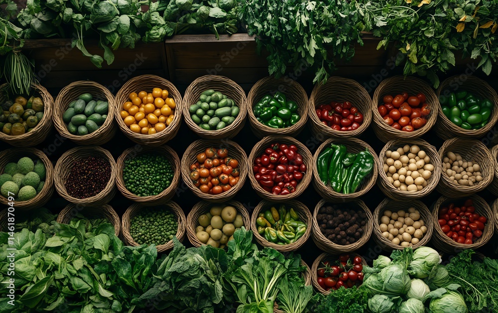 Lush display of organic produce in baskets at a local market, fresh from farm, vibrant color harmony, ultraHD detail, immersive generative AI style