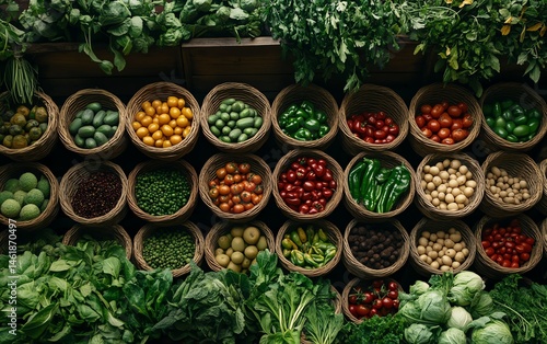 Lush display of organic produce in baskets at a local market, fresh from farm, vibrant color harmony, ultraHD detail, immersive generative AI style
