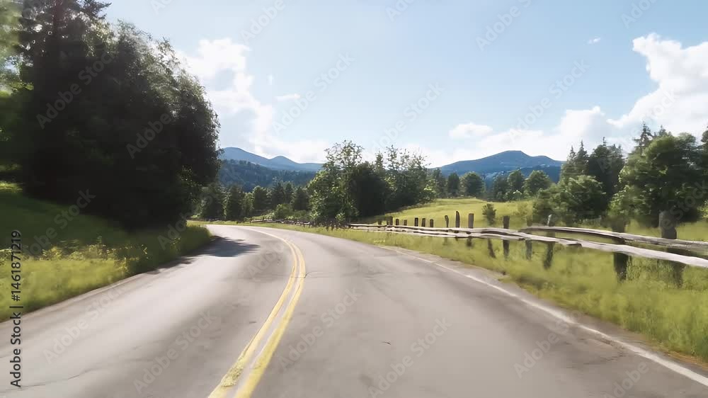 Winding Asphalt Road Through Green Fields and Trees Under Bright Blue Sky Winding Asphalt Road Through Green Fields and Trees Under Bright Blue Sky