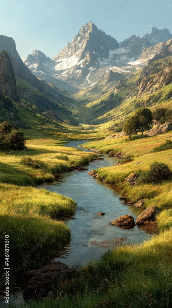 Scenic mountain landscape with a river flowing through lush green meadows and rocky formations Scenic mountain landscape with a river flowing through lush green meadows and rocky formations