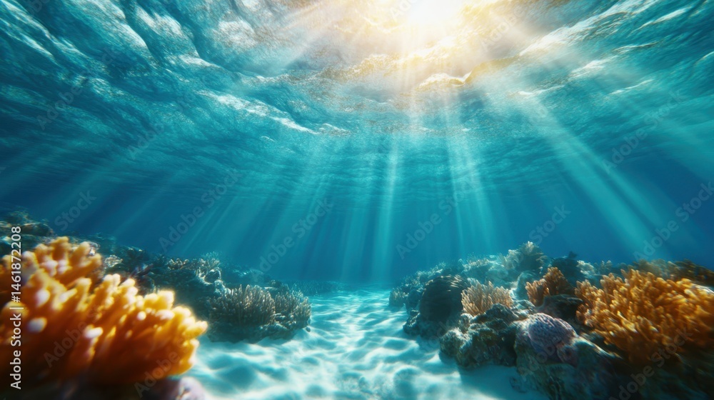 Fototapeta premium Experiencing an underwater paradise, this image captures a vibrant coral reef lit by soft shimmering sunlight through crystal-clear water, inviting tranquility and wonder.