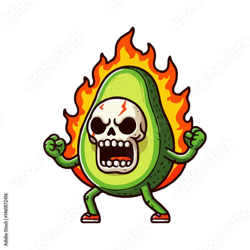 Fiery Avocado Character with Skull