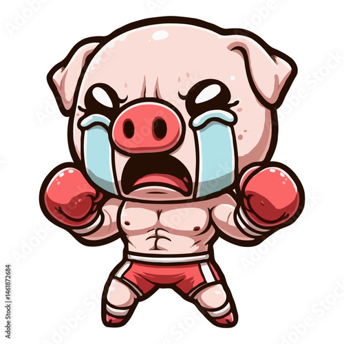 Crying Boxer Pig Cartoon Illustration