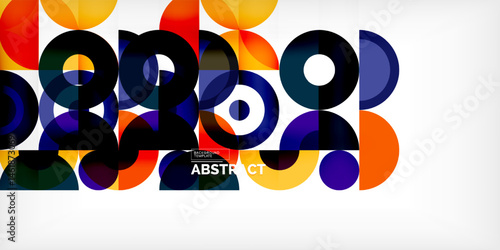Colorful overlapping circles create dynamic abstract composition. Bright hues contrast against dark background. Modern design element.