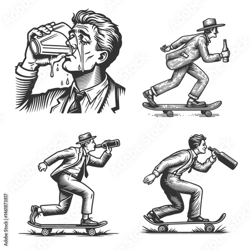 men in suits skateboarding while drinking from bottles or glasses Set collection bundle sketch engraving generative ai vector illustration. Scratch board imitation. Black and white image.