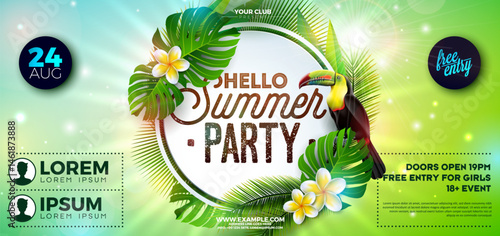 Summer Party Flyer Design with Flower, Tropical Palm Leaves and Toucan Bird on Natural Green Background. Vector Summer Beach Celebration Design Template with Floral Elements, Plants and Typography