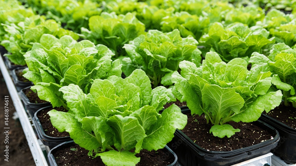 Hydroponic room with symmetrical layout, large space between plant channels for walking, red oak lettuce growing in water-fed trays, white modular infrastructure, cool color palette, clear visibility Hydroponic room with symmetrical layout, large space between plant channels for walking, red oak lettuce growing in water-fed trays, white modular infrastructure, cool color palette, clear visibility