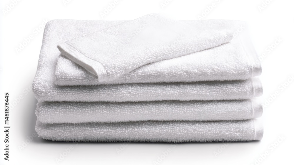 A stack of neatly folded white towels, showcasing their soft texture and architectural arrangement, ideal for a spa or home bathroom setting. A stack of neatly folded white towels, showcasing their soft texture and architectural arrangement, ideal for a spa or home bathroom setting.