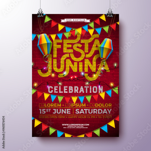 Festa Junina Party Flyer Design with Flags, Paper Lantern and Typography on Brick Wall Background. Vector Brazil June Festival Illustration for Celebration Poster or Holiday Invitation. Traditional