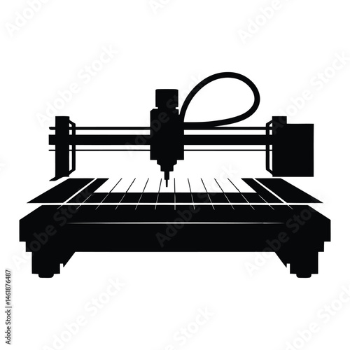 CNC laser cutter Silhouette, Vector, Illustration, Icon, Logo, White Background.