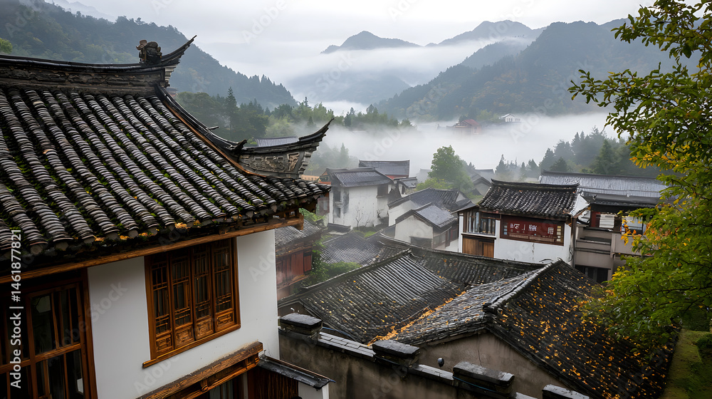 Naklejka premium A Peaceful Village Surrounded By Misty Mountains The R C4eee27c 3a36 480b A619 2333e9430c27 3