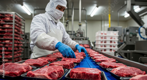 Meat Processing Plant Worker Handling Raw Beef Steaks On Conveyor Belt