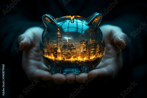 Cityscape reflected within a glass piggy bank held in hands.