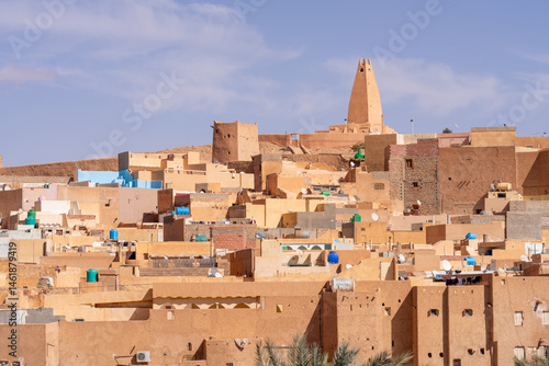 Traditional architecture of Ghardaïa, Algeria – View of the mud houses and minaret of the old town