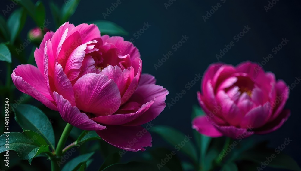 Obraz premium Bold large-scale peonies, lush greenery, dark backdrop, textile, illustration