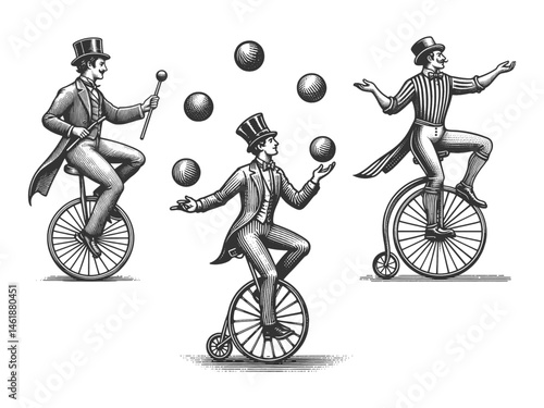 circus entertainers riding unicycles and penny-farthing bicycles Set collection bundle sketch engraving generative ai vector illustration. Scratch board imitation. Black and white image.
