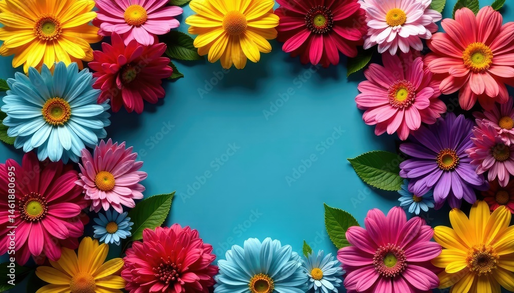 Circular arrangement of flowers, vibrant colors, radial, bright, flowers Circular arrangement of flowers, vibrant colors, radial, bright, flowers