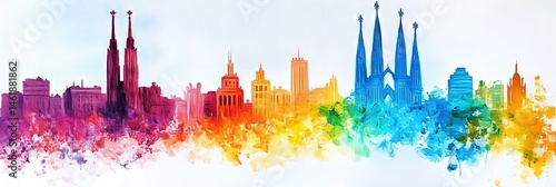 oil painting barcelona spain downtown skyline 