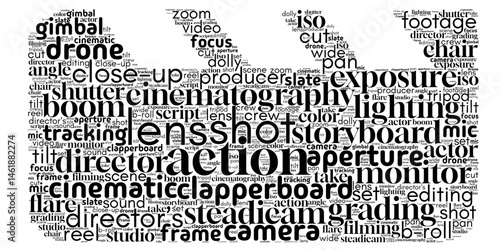 Word cloud centered on "Movie", featuring terms about cinema, film genres, production, and entertainment. Ideal for media projects, filmmaking, and visual storytelling content