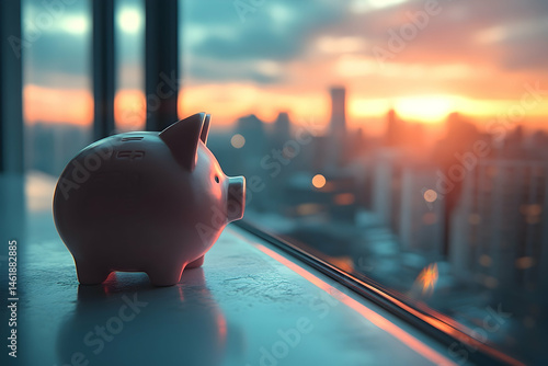 Pink piggy bank gazing at city skyline at sunset.