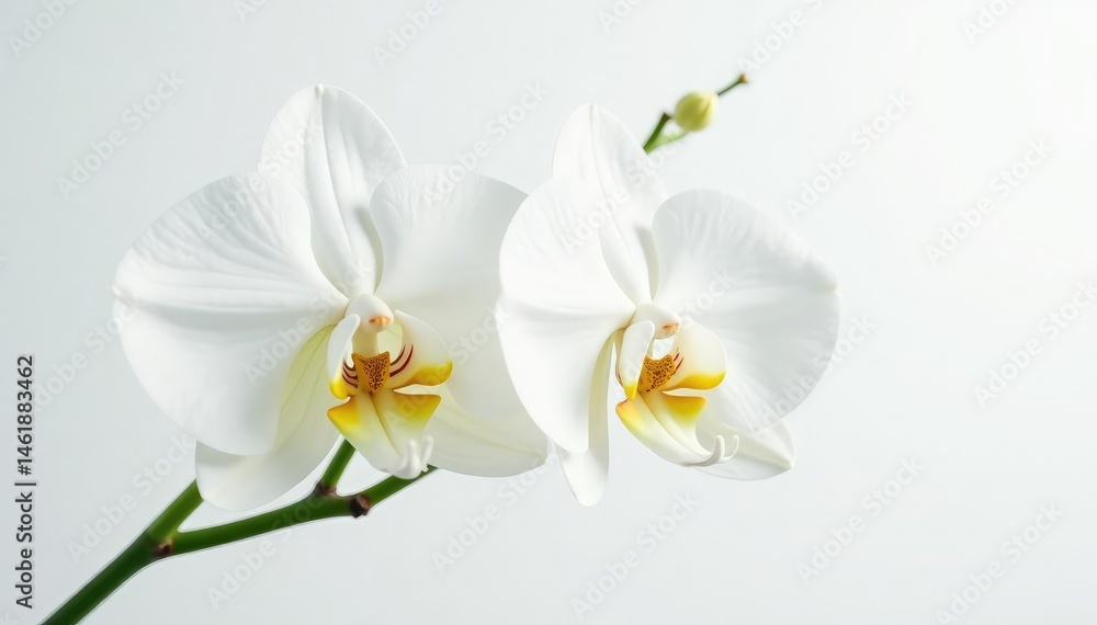 Delicate white orchid blossom against pure white backdrop, soft, bright, minimal Delicate white orchid blossom against pure white backdrop, soft, bright, minimal